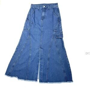 New Gracia Women's Front Slit Long Denim Jean Skirt Heather Side Pocket Size S